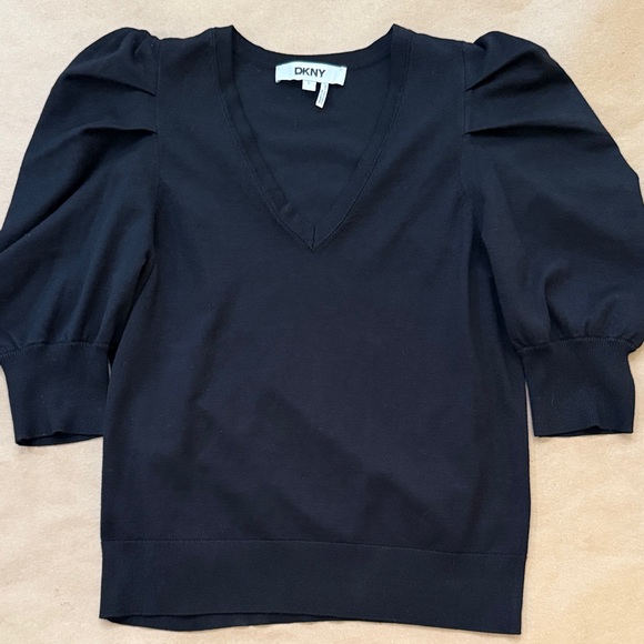 DKNY Women's Elegant Black V-Neck Sweater with Puffy Sleeves - Picture 1 of 8